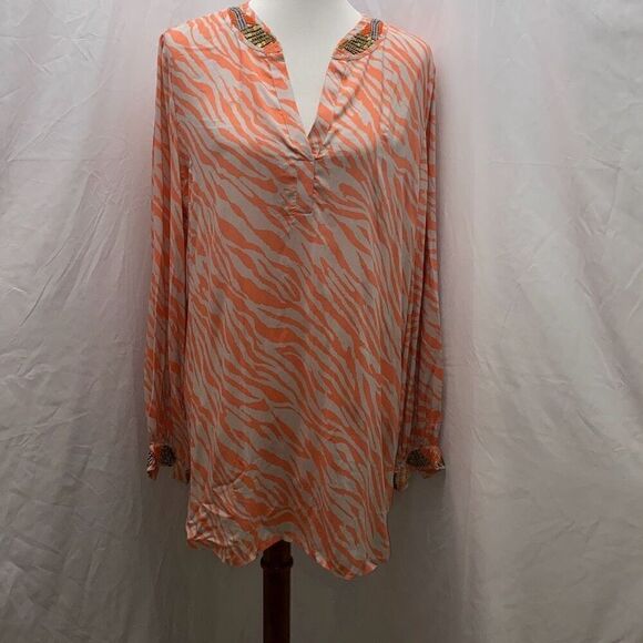 Chicos Pink zebra stripe beaded neck & Sleeve tunic top shirt 2 L - Picture 1 of 11